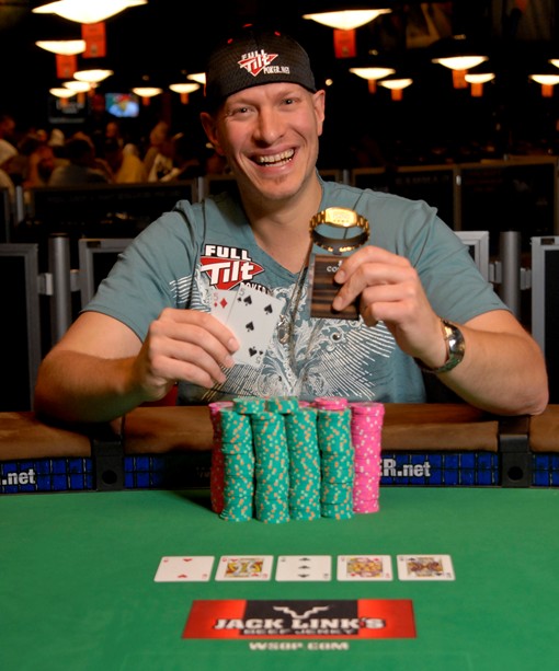 Greg 'FBT' Mueller wins first WSOP bracelet. He seems pretty happy about this.